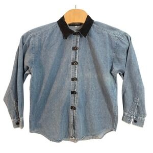 New Frontier Vintage Denim Shirt Womens Large Blue Leather Accents Braided